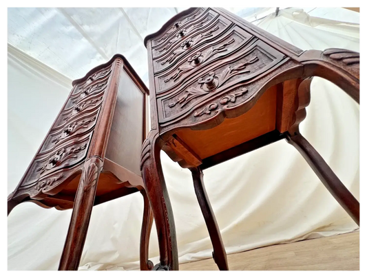 Antique Pair of French Nightstands Bedside Tables Five Hand Carved Drawers