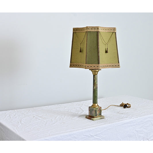 French Vintage Green Onyx Table Lamp with Custom Shade
