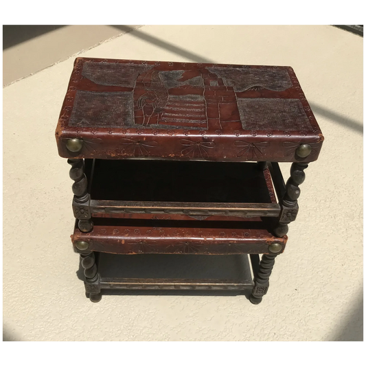 Early 20th C. Pair of Leather Top Oak Stools