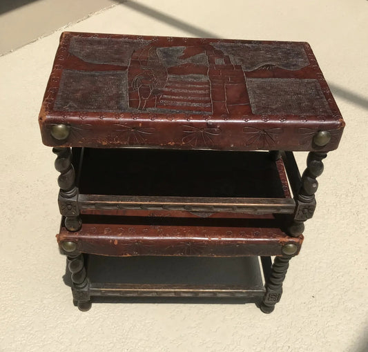 Pair of Early 20th Century Oak Stools with Embossed Leather Tops