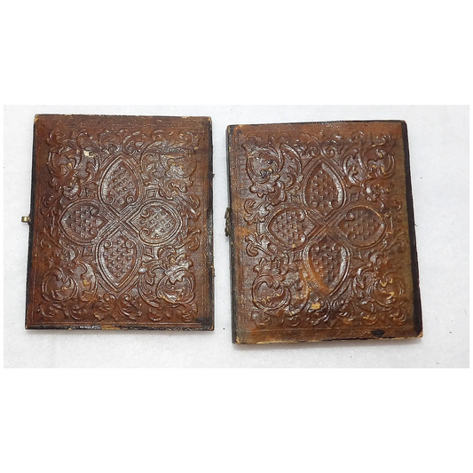 Tintype Photo with Gold Gilt Metal and Hand Tooled Leather & Wood-Velvet Case