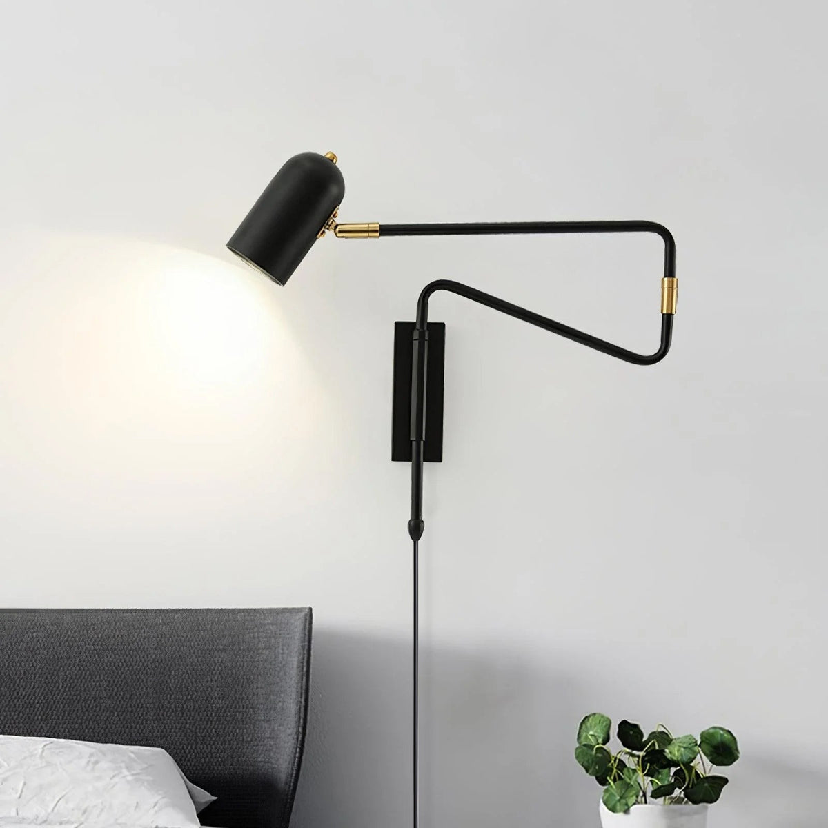 Adjustable Arm Plug In Wall Lamp Model A L 16.5″ x H 15.7″ / L 42cm x H 40cm / Black & Gold / US Plug
