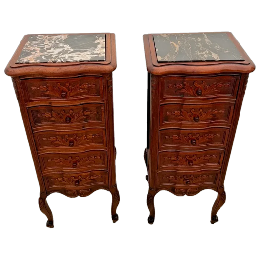 Antique Pair of French Nightstands Bedside Tables Five Hand Carved Drawers