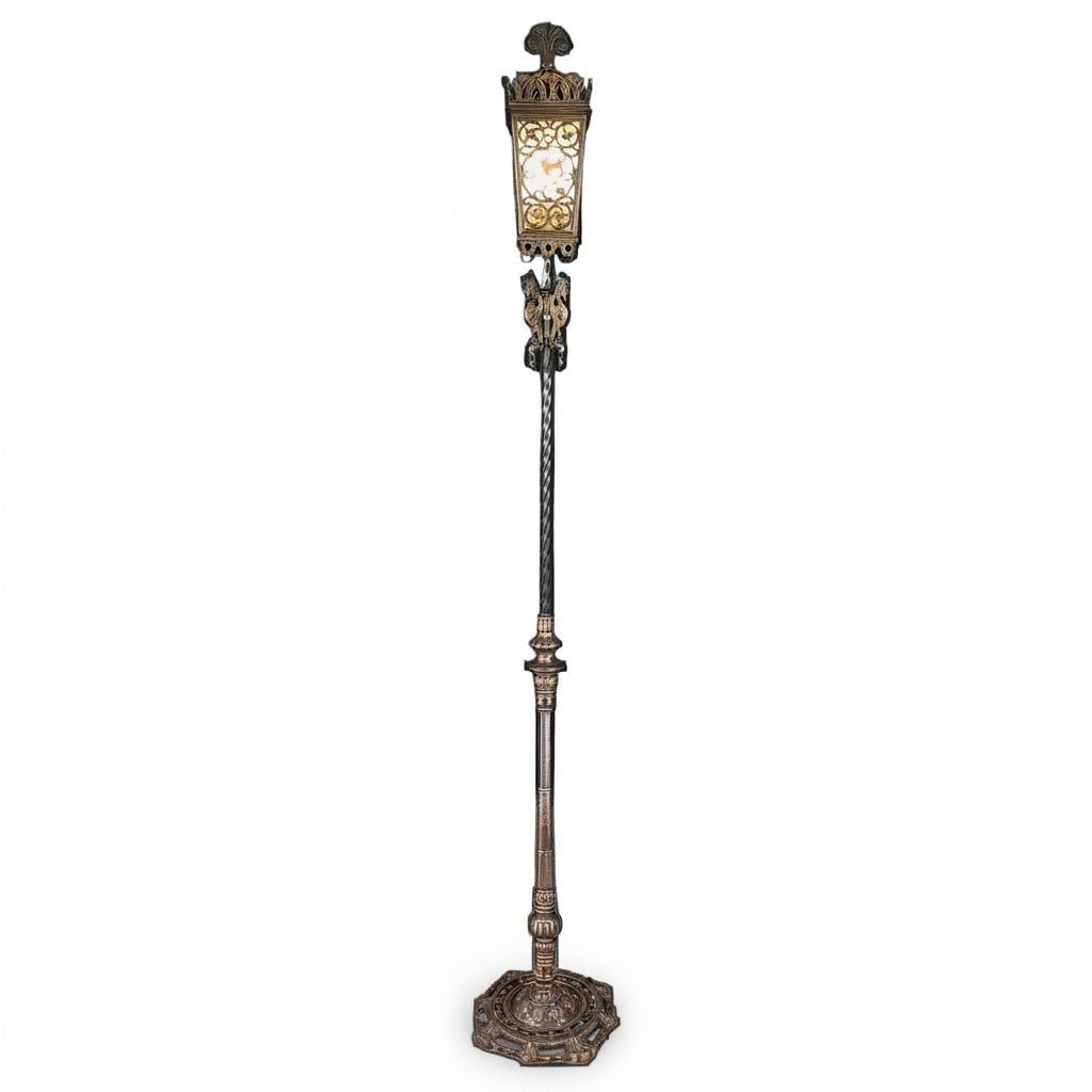 Antique American Brass Torchiere Floor Lamp with Stained Glass