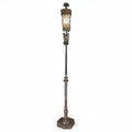 Antique American Brass Torchiere Floor Lamp with Stained Glass