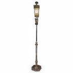 Antique American Brass Torchiere Floor Lamp with Stained Glass