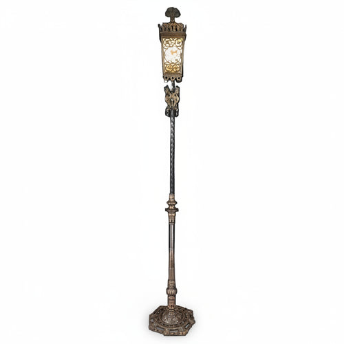 Antique American Brass Torchiere Floor Lamp with Stained Glass