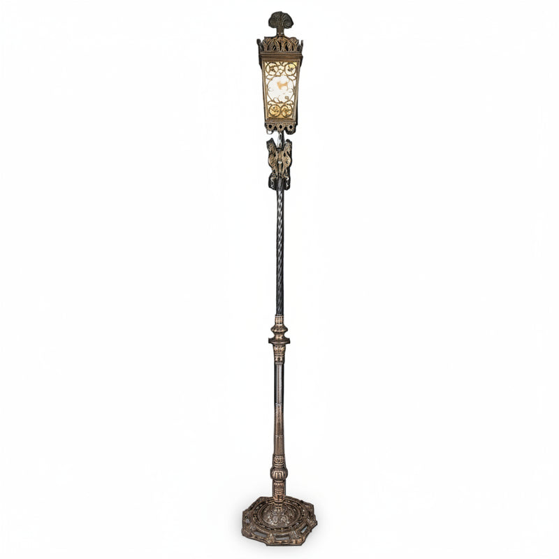 Antique American Brass Torchiere Floor Lamp with Stained Glass