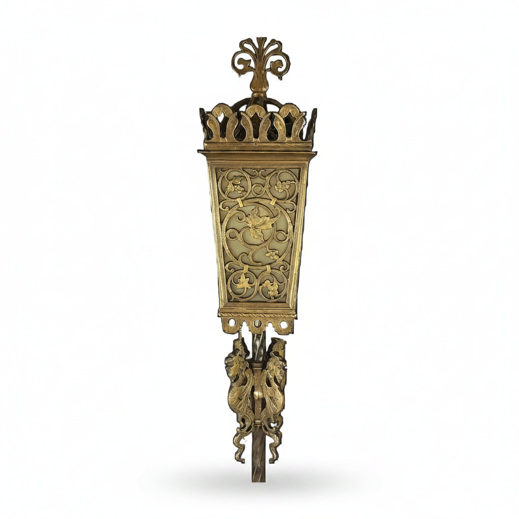 Antique American Brass Torchiere Floor Lamp with Stained Glass