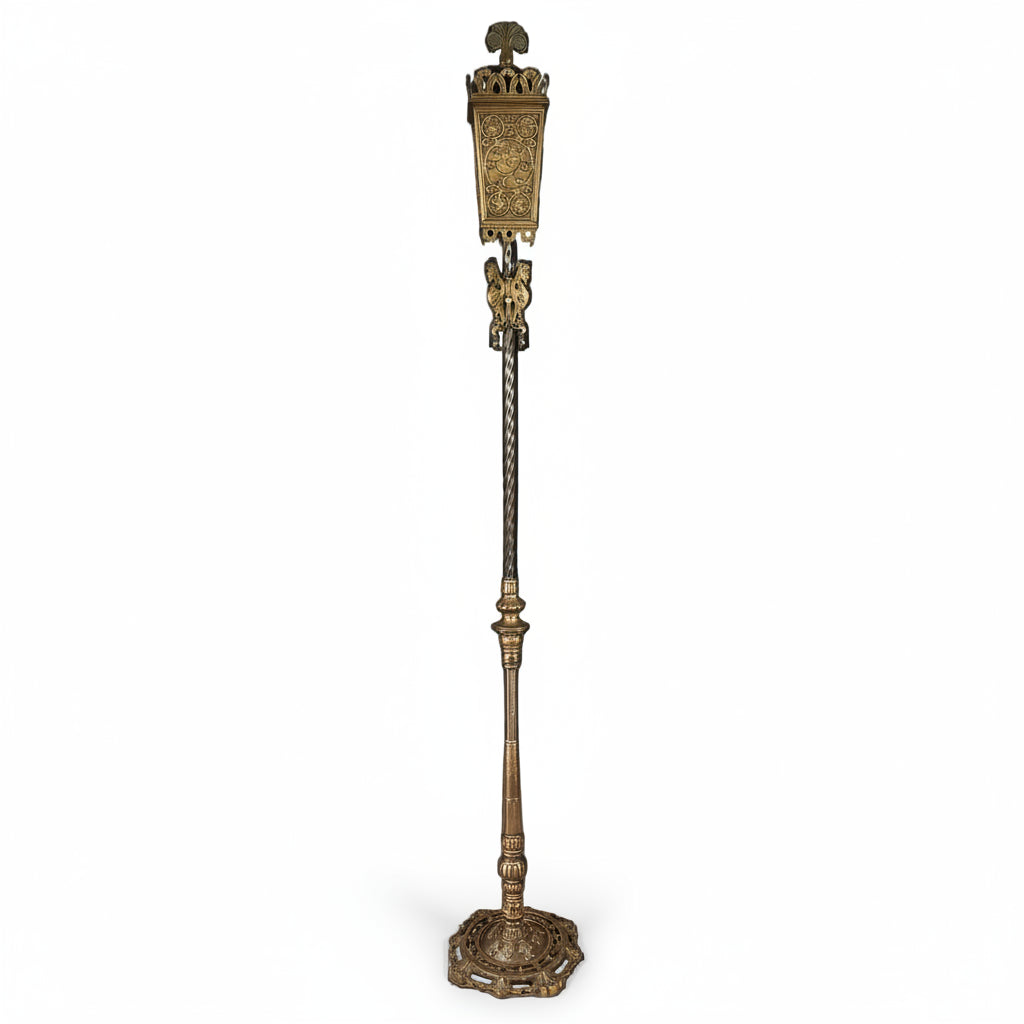 Antique American Brass Torchiere Floor Lamp with Stained Glass