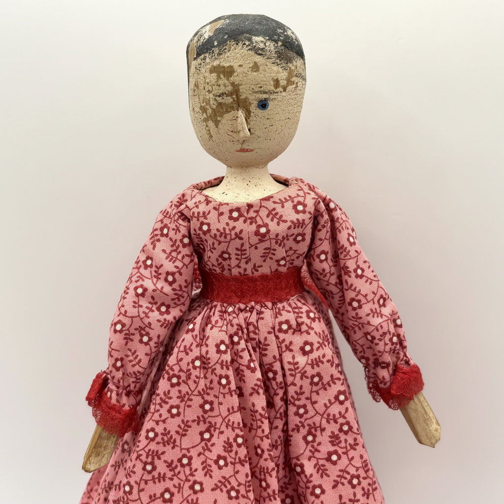 Antique Grodnertal Peg Wooden Jointed Doll with Stand