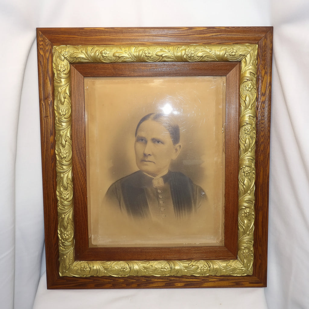 Antique Three-Piece Oak Picture Frame with Charcoal Portraits
