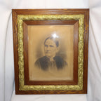 Antique Three-Piece Oak Picture Frame with Charcoal Portraits
