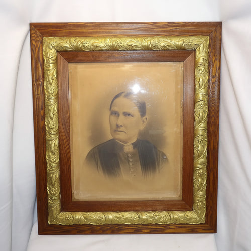 Antique Three-Piece Oak Picture Frame with Charcoal Portraits