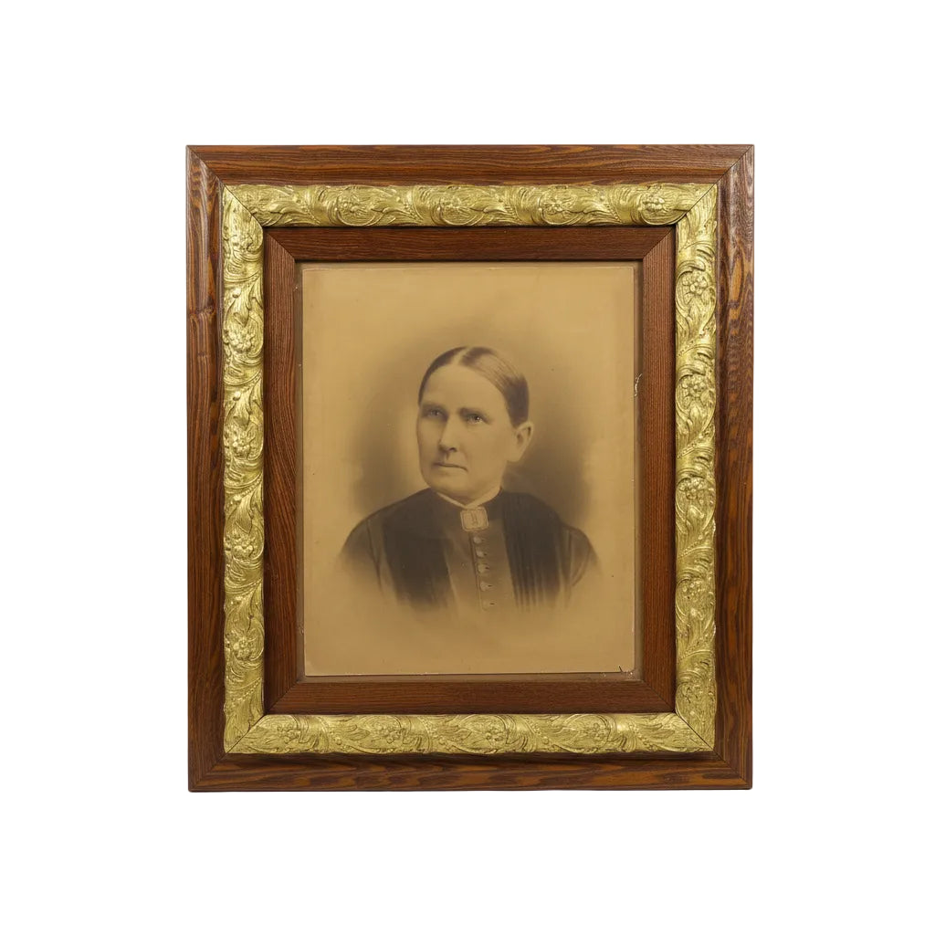 Antique Three-Piece Oak Picture Frame with Charcoal Portraits