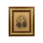 Antique Three-Piece Oak Picture Frame with Charcoal Portraits