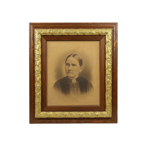 Antique Three-Piece Oak Picture Frame with Charcoal Portraits