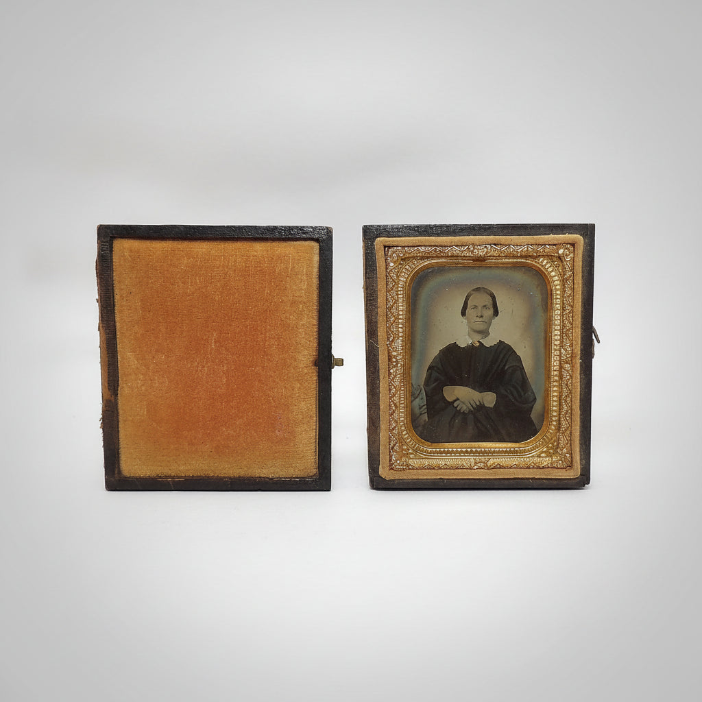 Antique Tintype Photograph in Hand-Tooled Leather Display Case