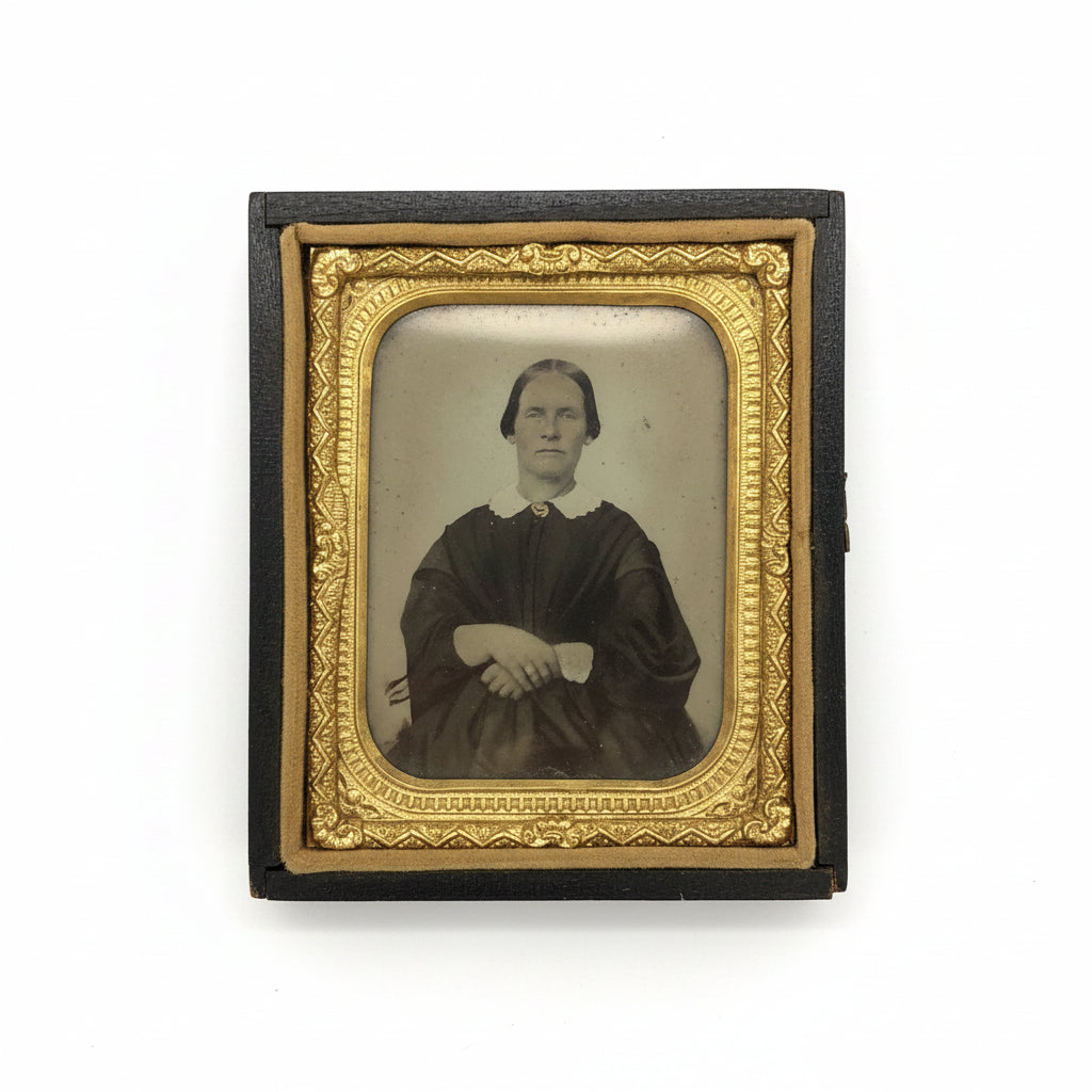 Antique Tintype Photograph in Hand-Tooled Leather Display Case