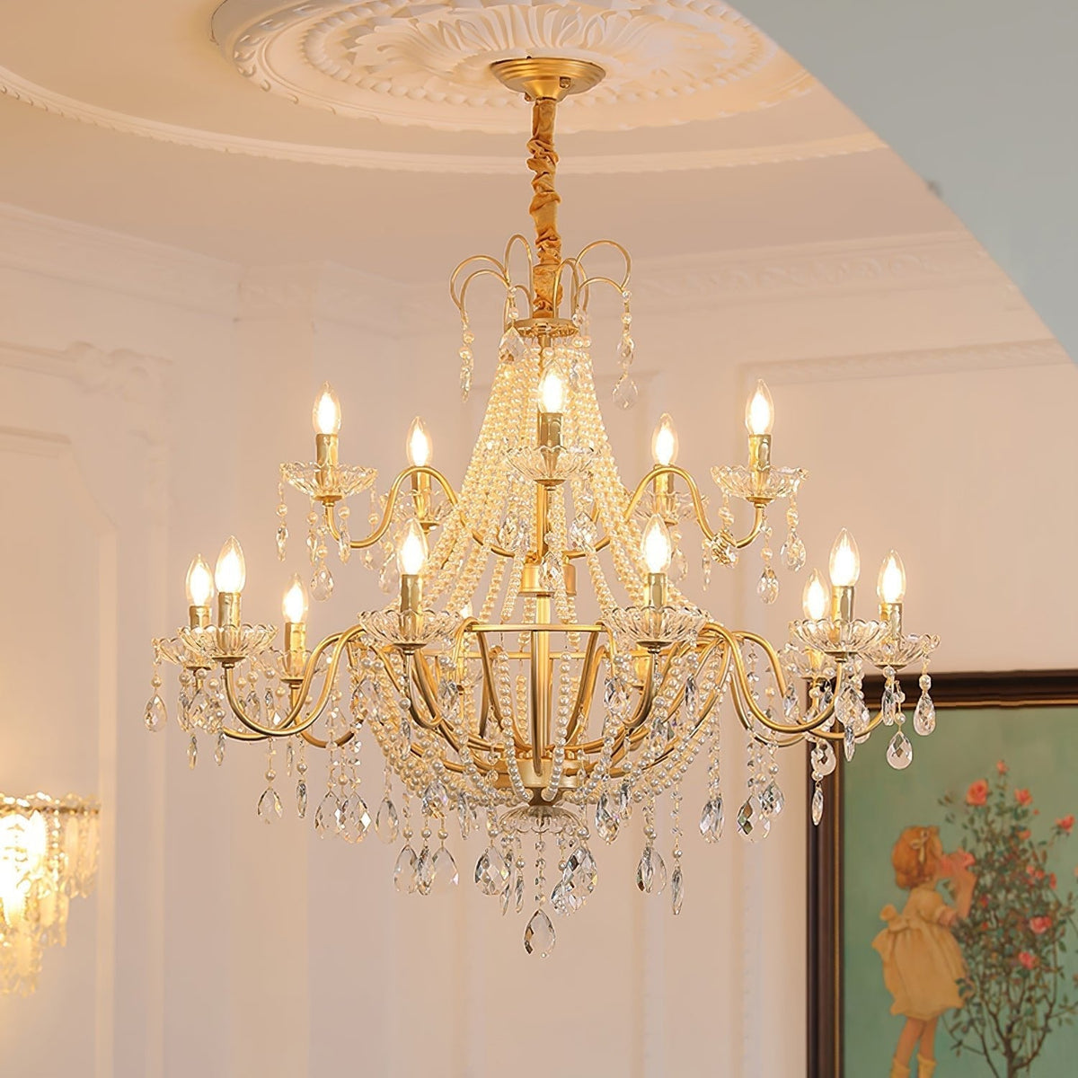 Arcadia Gold Chandelier 10 + 5 Heads ? 38.6″ x H 41.3″ / Gold & Clear Chandelier