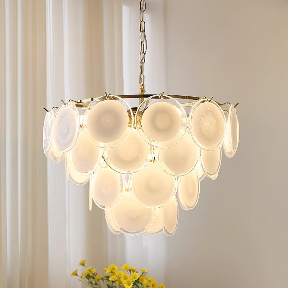 Bettina Murano Chandelier ? 24.4″ x H 19.6″ / Dia 62cm x H 50cm / Gold & White glass Chandelier