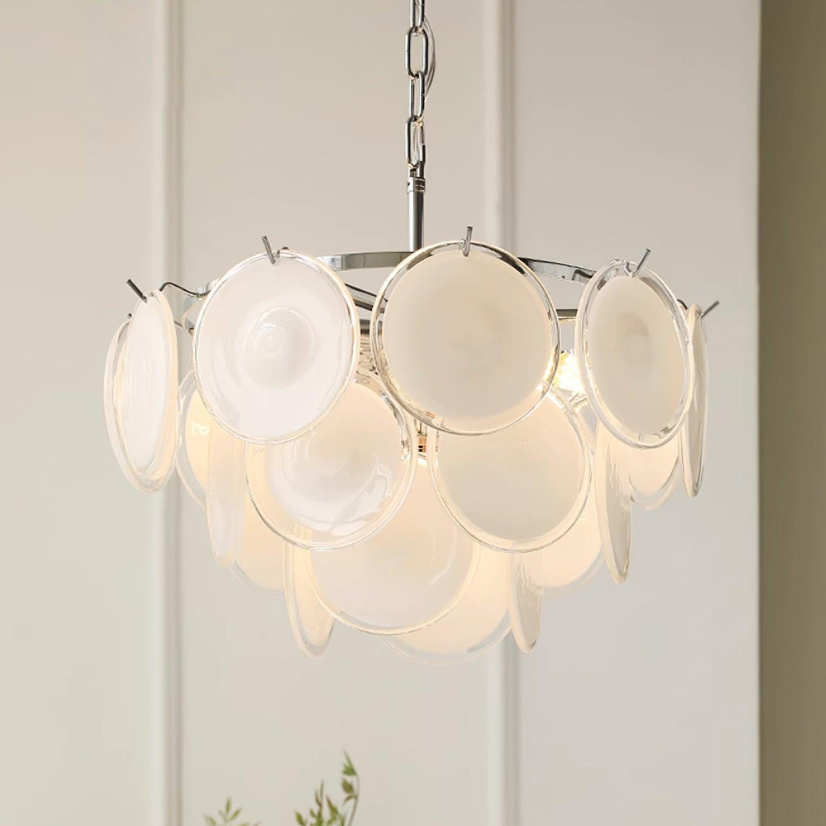 Bettina Murano Chandelier ? 19.6″ x H 15.7″ / Dia 50cm x H 40cm / Chrome & White glass Chandelier