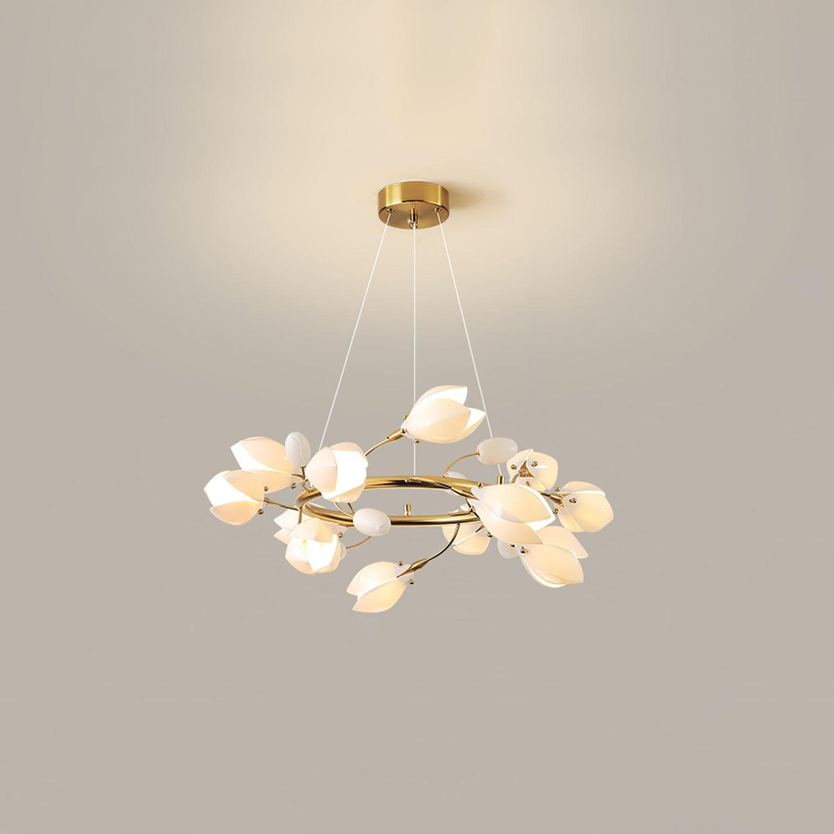 White Porcelain Magnolia Chandelier 12 heads ? 23.6″ x H 11.8″ / Dia 60cm x H 30cm / Gold & White Ceramic Chandelier