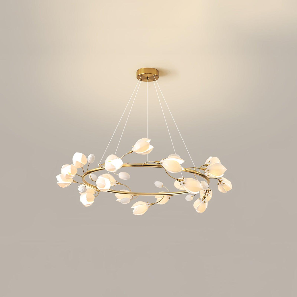 White Porcelain Magnolia Chandelier 20 heads ? 39.4″ x H 11.8″ / Dia 100cm x H 30cm / Gold & White Ceramic Chandelier