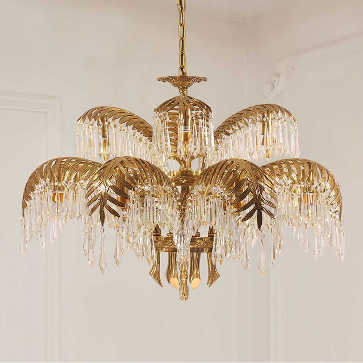 Brass Palm Leaf Crystal Chandelier Chandelier