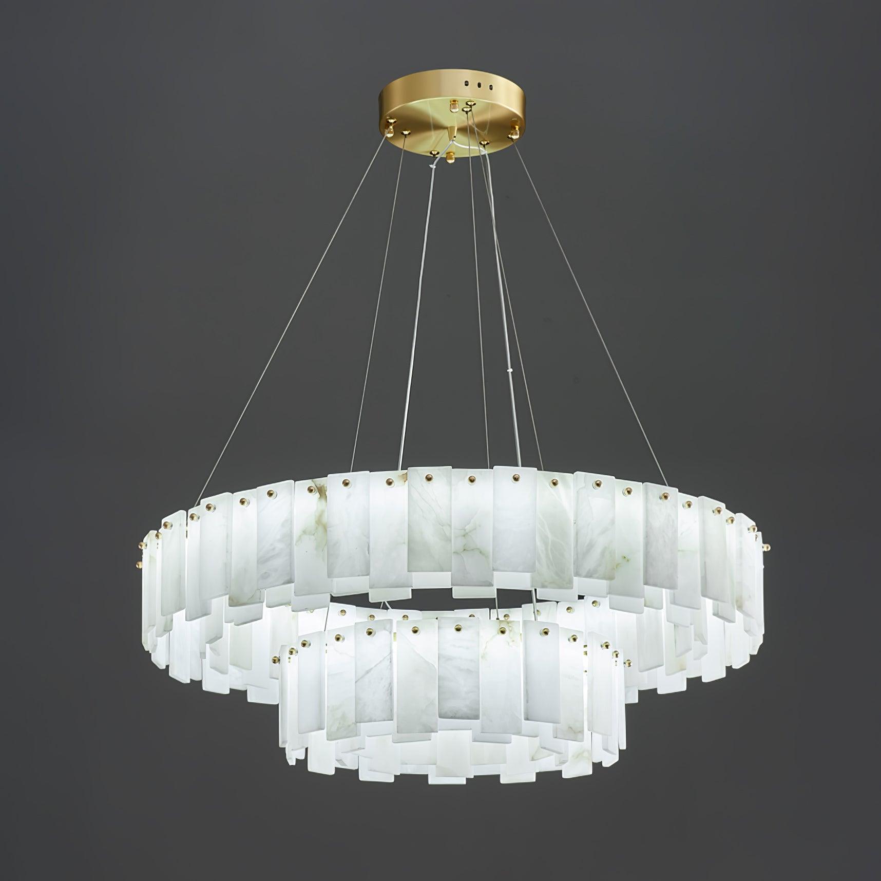 Celestial Alabaster Round Chandelier 2 layers ∅ 31.5″+17.7 x H 11″ / Dia 80cm + 45cm x H 28cm / Brass & White / Warm