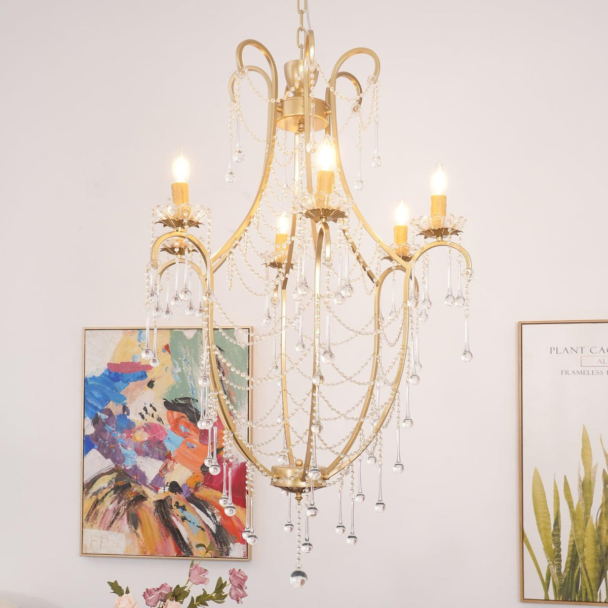 Crystal Birdcage Chandelier 6 Heads Φ 30.7″ x H 45.7″ / Dia 78cm x H 116cm / Gold & Clear Chandelier