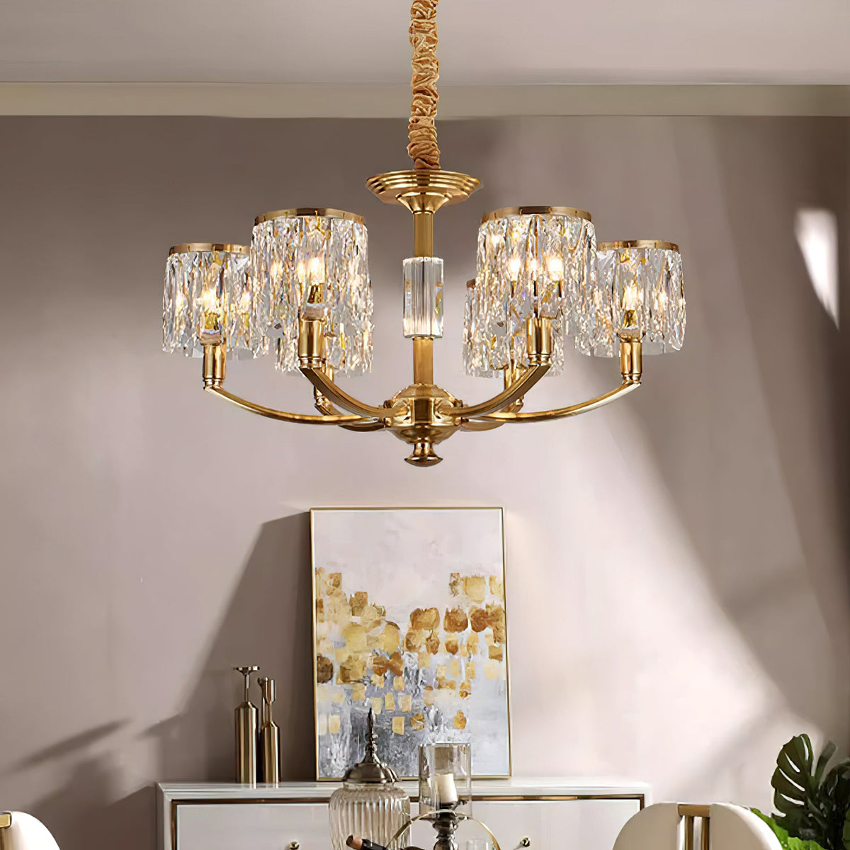 Crystal Column Brass Chandelier
