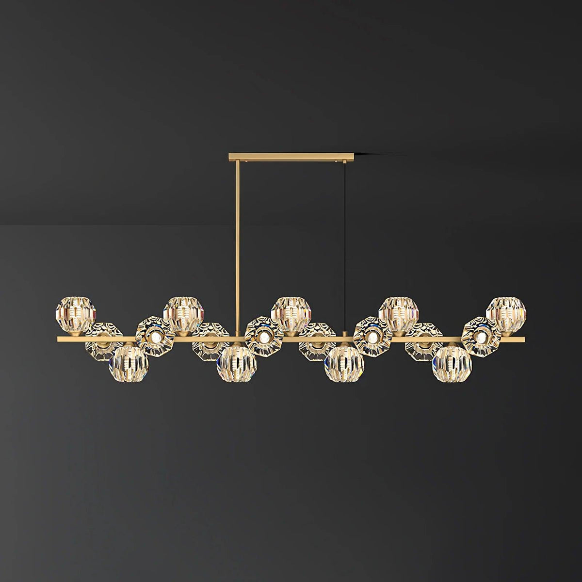 Crystal Glass Ball Chandelier 17 Heads L 63″ x W 7.1″ x H 39.4″ / L 160cm x W 18cm x H 100cm / Brass & Clear Chandelier
