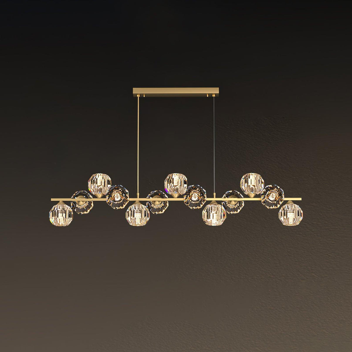 Crystal Glass Ball Chandelier 13 Heads L 47.2″ x W 7.1″ x H 39.4″ / L 120cm x W 18cm x H 100cm / Brass & Clear