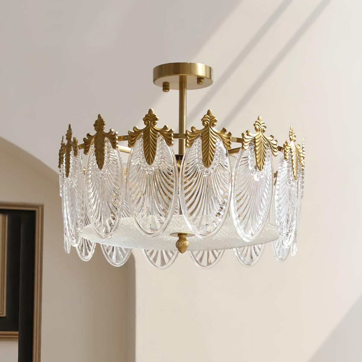 Decorative Pattern Glass Round Chandelier 6 heads Φ 19.7″ x H 9.1″ / Dia 50cm x H 23cm / Copper + Clear Chandelier