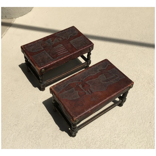 Early 20th C. Pair of Leather Top Oak Stools