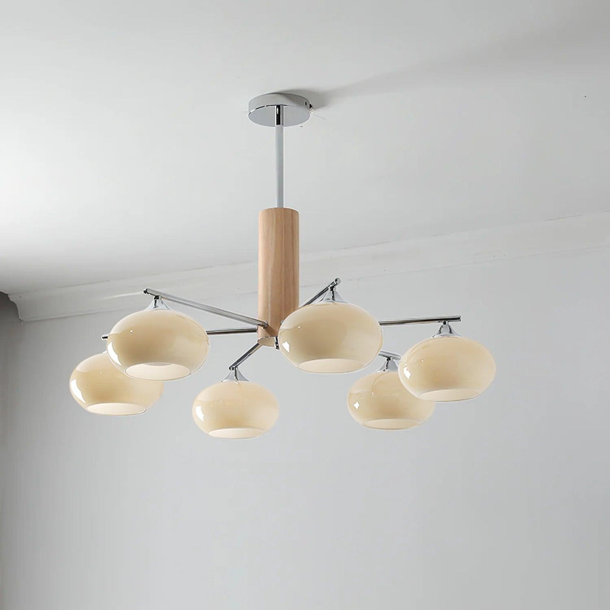 Elliptical Persimmon Chandelier 6 Lamps ? 34.6″ x H 20.9″ / Dia 88cm x H 53cm / Chrome & Creamy yellow glass Chandelier