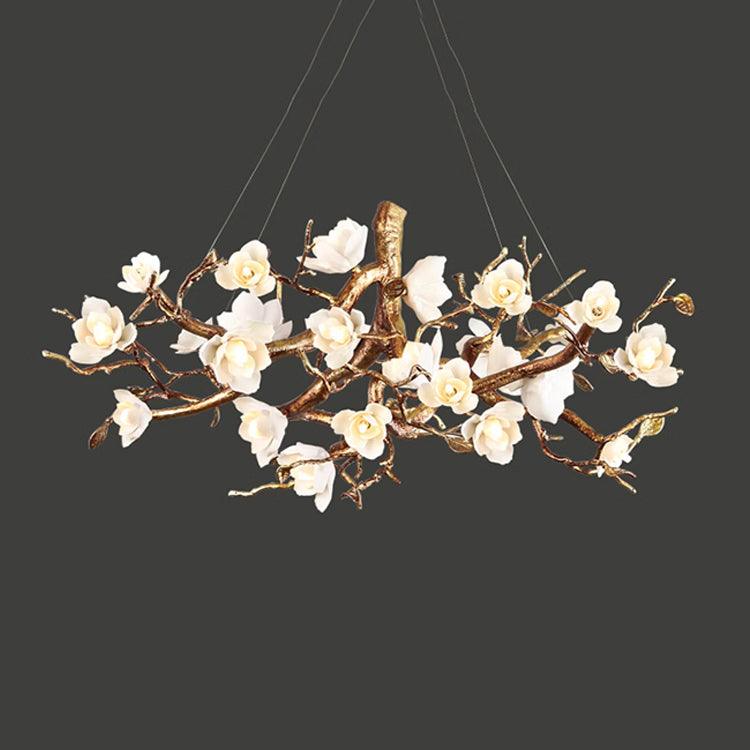 Flower Bloom Branch Brass Chandelier ? 31.5″ x H 15.7″ / Dia 80cm x H 40cm / Brass & White Chandelier