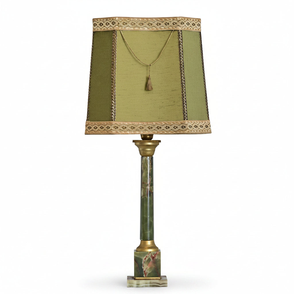 French Vintage Green Onyx Table Lamp with Custom Shade