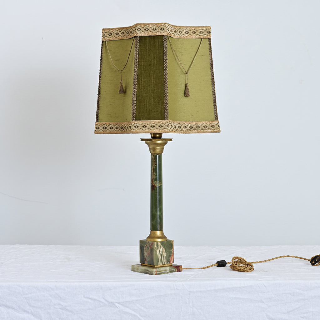 French Vintage Green Onyx Table Lamp with Custom Shade