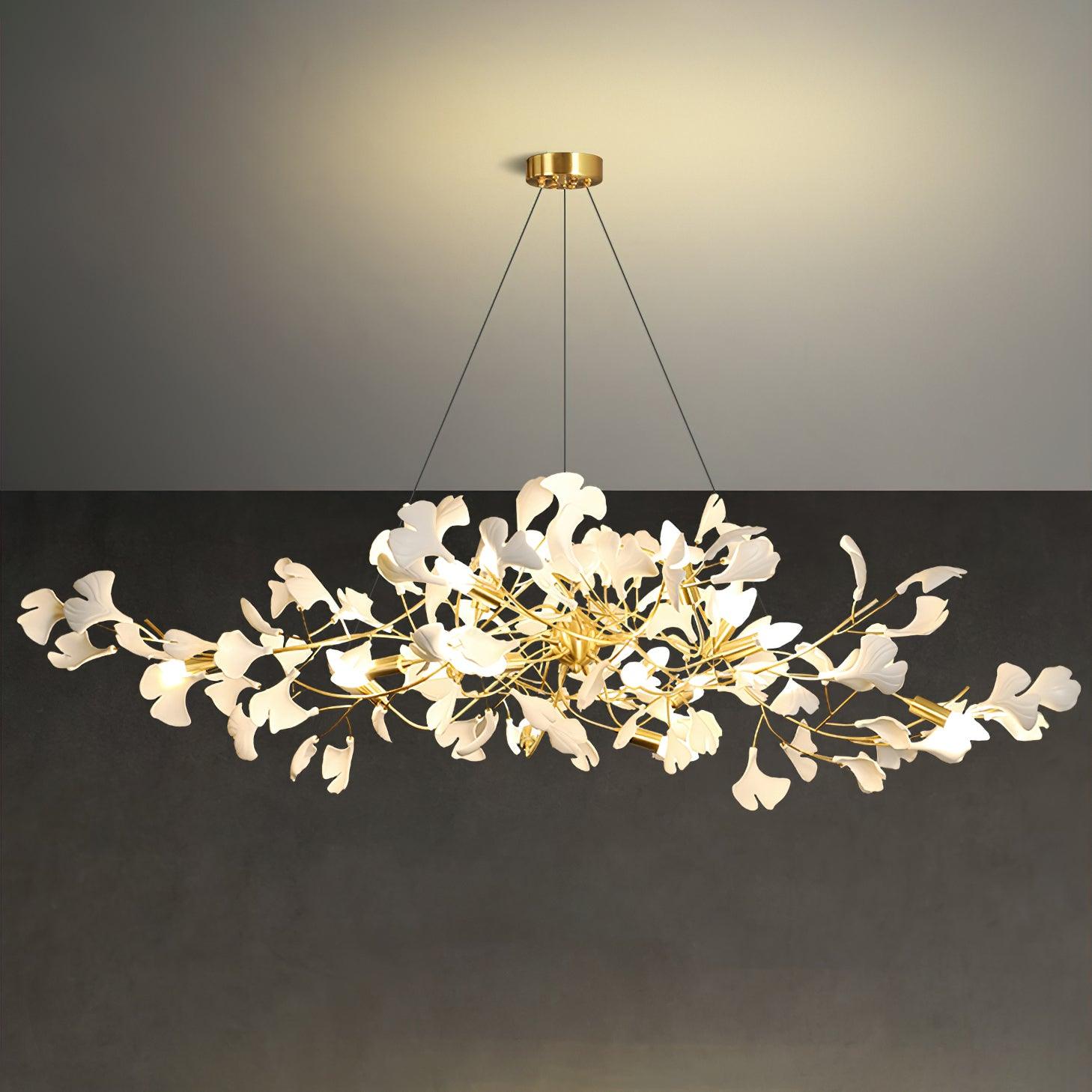 Gingko Chandelier I Model A L 41.3″ x W 21.7″ x H 13.8″ / L 105cm x W 55cm x H 35cm / Gold & White Chandelier
