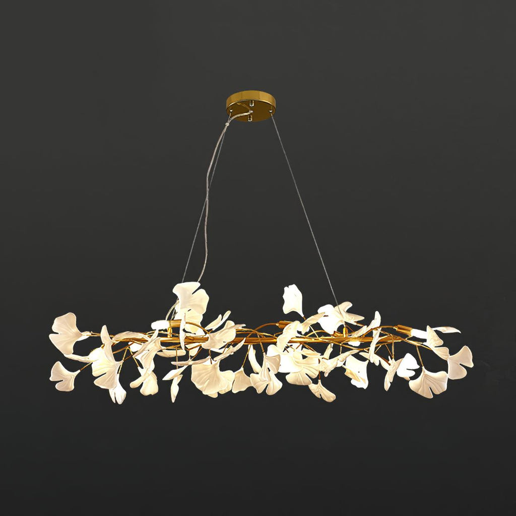 Gingko Chandelier M L 39.4″ x W 11.8″ / L 100cm x W 30cm / Gold + White Chandelier