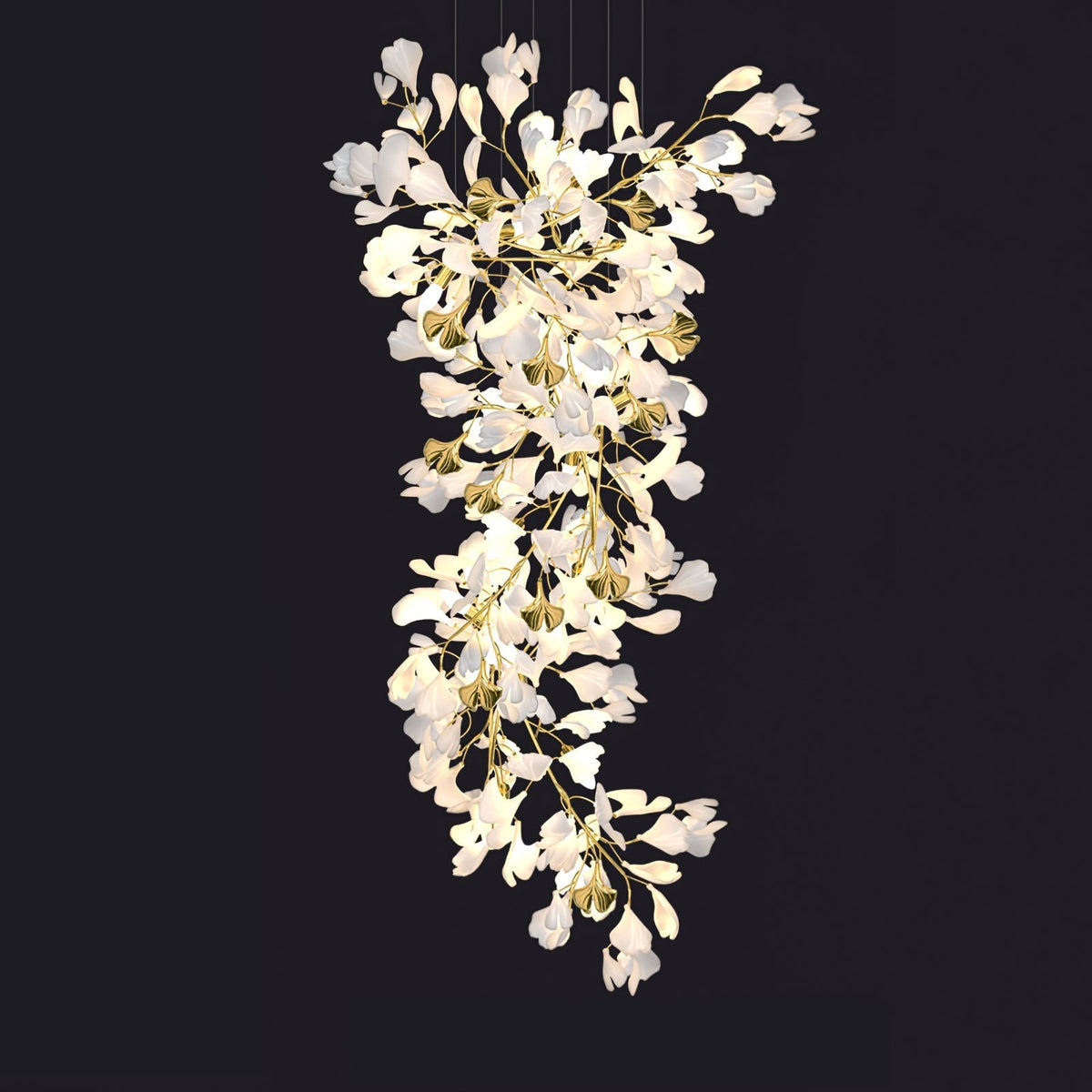 Gingko Chandelier Z ? 27.6″ x H 78.7″ / Dia 70cm x H 200cm / Gold & White Chandelier