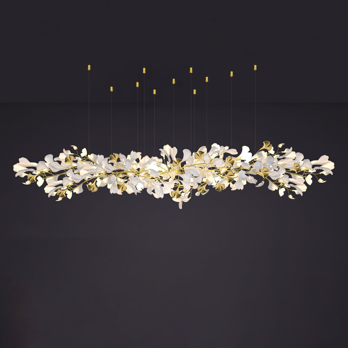 Gingko Chandelier Z L 118.1″ x W 27.6″ / L 300cm x W 70cm / Gold & White Chandelier