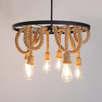 Hemp Rope Industrial Six Head Chandelier ? 19.7″ x H 19.7″ / Dia 50cm x H 50cm / Black & Linen color Chandelier