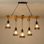 Hemp Rope Industrial Grenade Chandelier 5Heads L 43.3″ x H 23.6″ / L 110cm x H 60cm / Wood color & Linen color