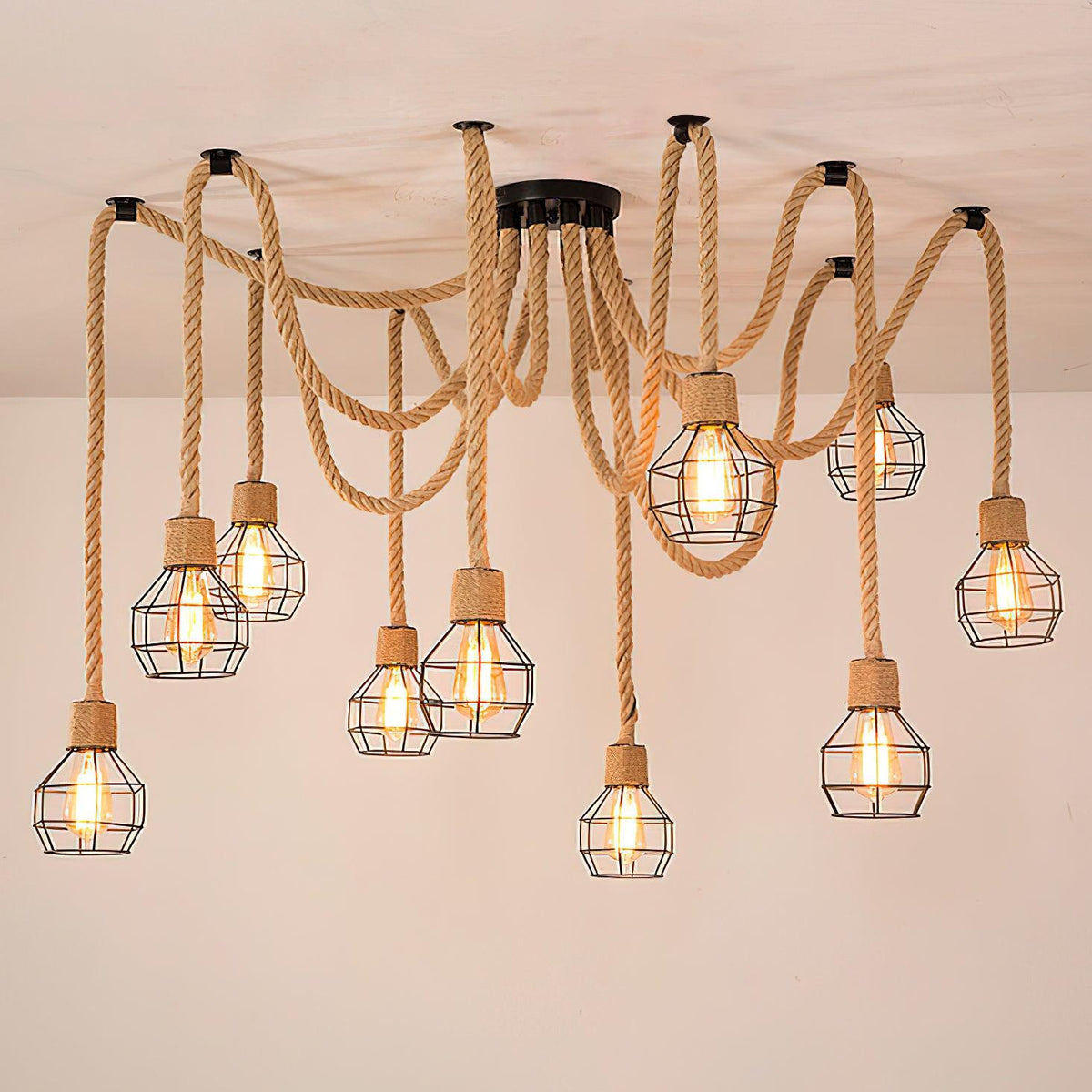 Hemp Rope Scattered Flower Chandelier Model C ? 59.1″ x H 39.4″ / Dia 150cm x H 100cm / Black & Linen color Chandelier