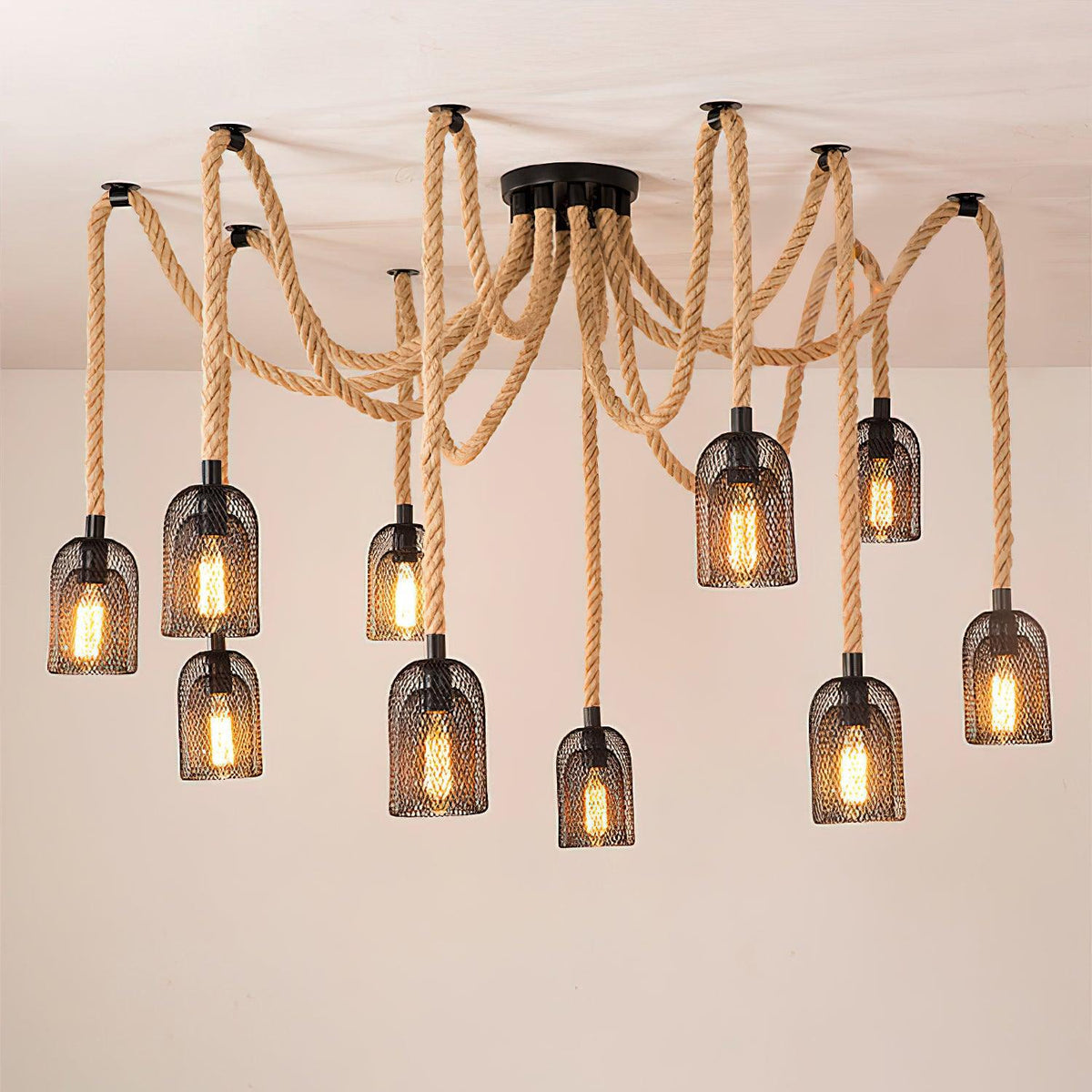 Hemp Rope Scattered Flower Chandelier Model D ? 59.1″ x H 39.4″ / Dia 150cm x H 100cm / Black & Linen color Chandelier