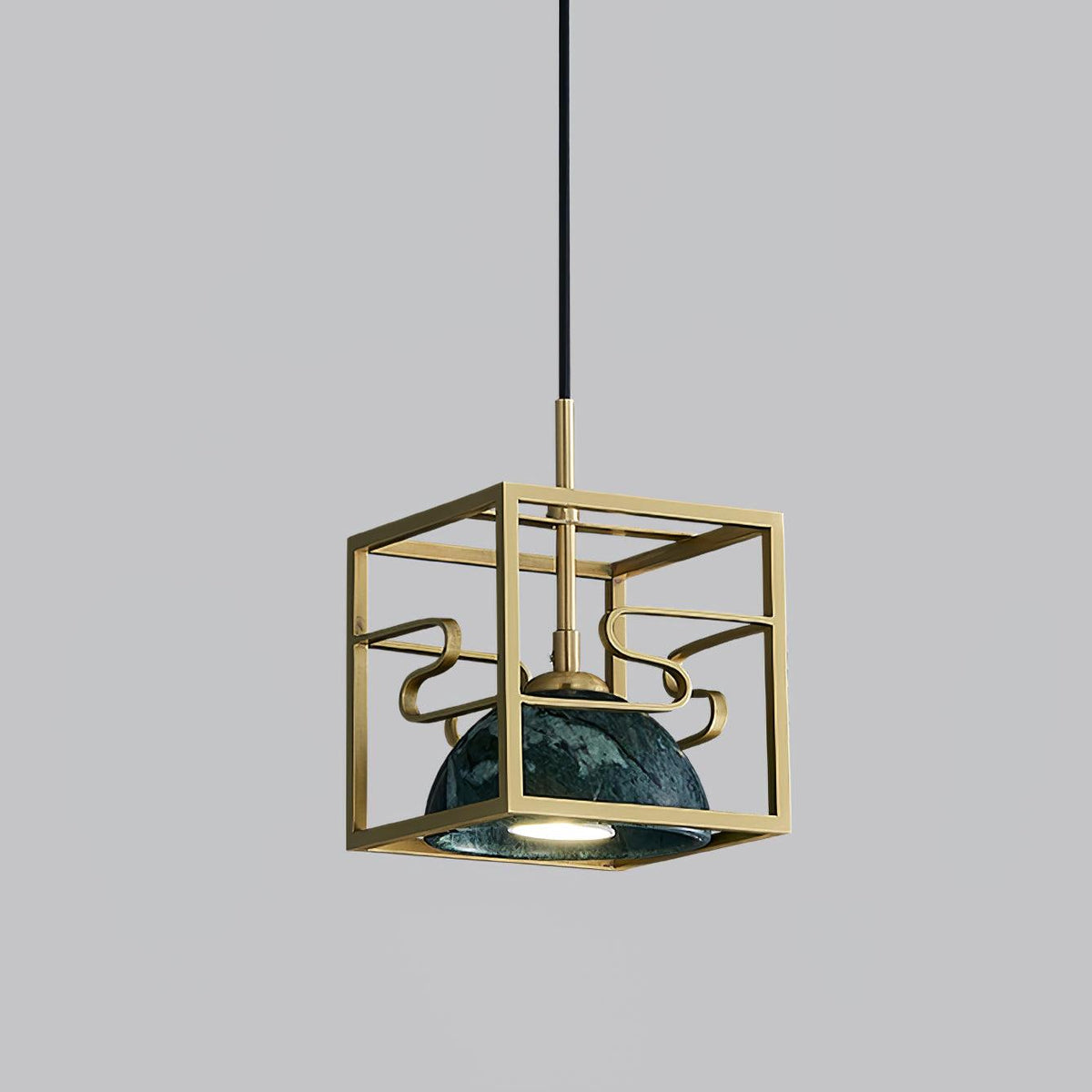 Lantern Square Pendant Lamp Model B ∅ 7.8″ x H 7.8″ / Dia 20cm x H 20cm / Polished Brass + Green Marble Pendant light