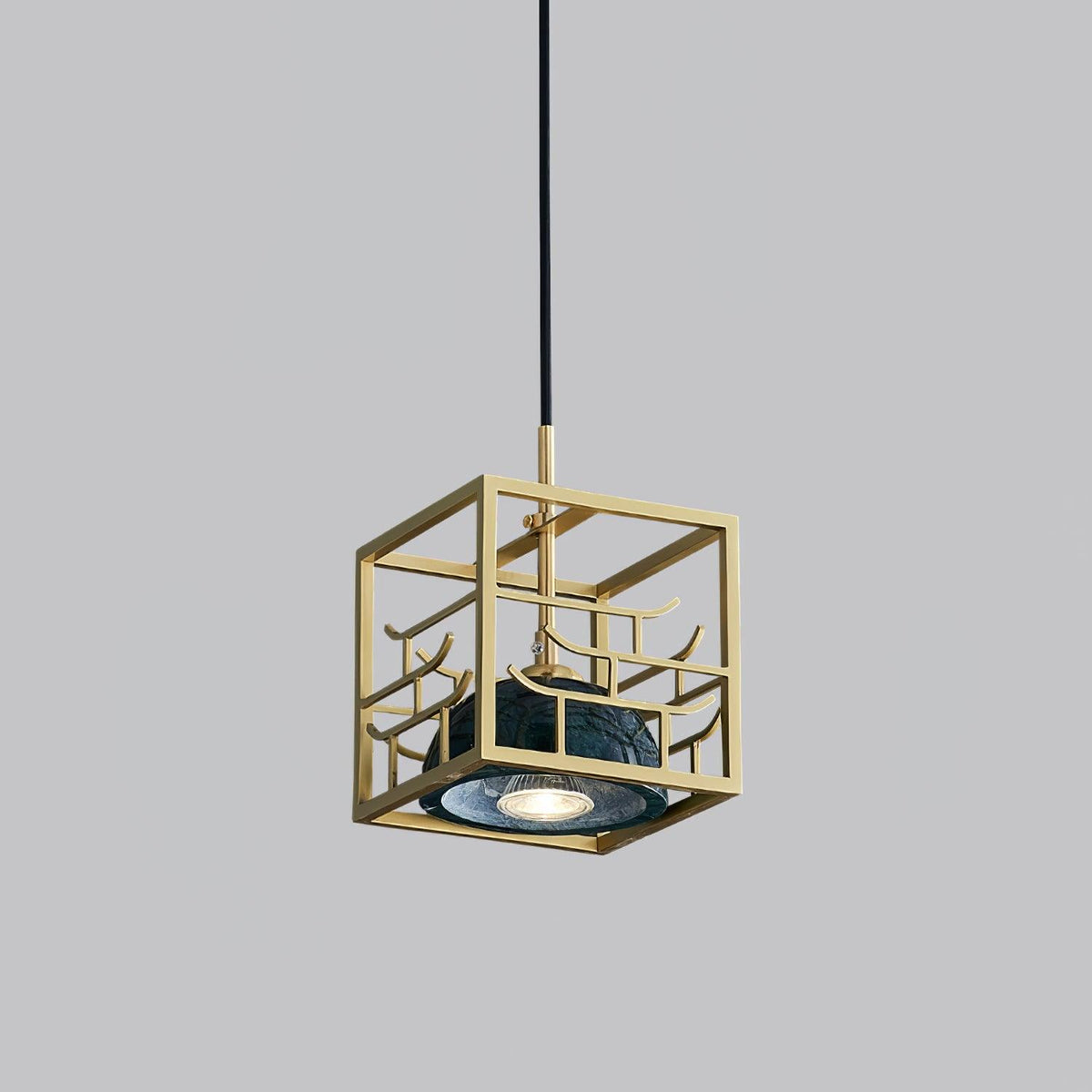 Lantern Square Pendant Lamp Model A ∅ 5.9″ x H 5.9″ / Dia 15cm x H 15cm / Polished Brass + Green Marble Pendant light